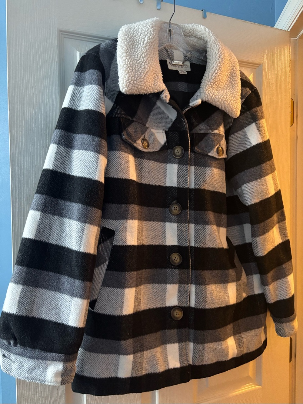 UGG Koolaburra Black & White Plaid Sherpa-Collar Pea Coat